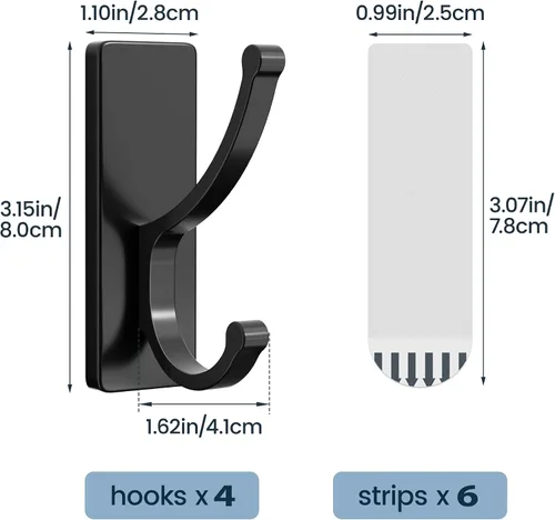 Miniatura 4 de pickpiff Ganchos adhesivos de pared con tira, sin residuos, fáciles de quitar, gancho para toallas pegajoso fuerte y resistente, paquete de 4 Negro