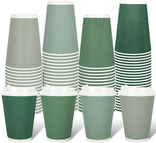 Miniatura 16 de Whaline 100 tazas de café desechables de color azul polvoriento de invierno con tapas, tazas de papel azul degradado de 12 onzas, tazas calientes