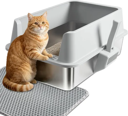 Miniatura 7 de Caja de arena de acero inoxidable con tapa, caja de arena de metal para gatitos, cajas de arena de entrada baja con pala y alfombra, caja de arena
