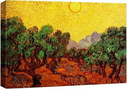 Van Gogh - Lienzo con diseño giclée de olivos con cielo amarillo y sol, arte de pared de galería, estirado y enmarcado, listo para colgar, 24 x 36