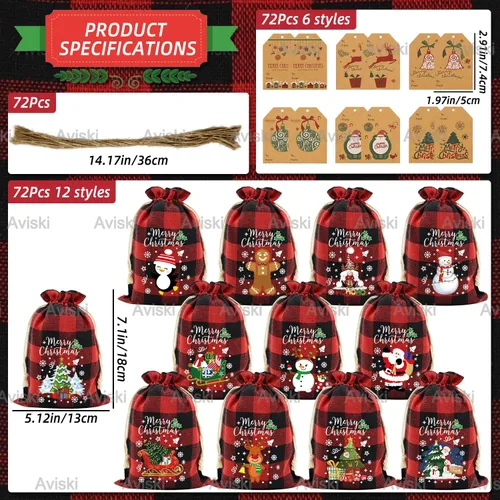 Miniatura 2 de 72 bolsas de regalo navideñas medianas de algodón con cordón de cuadros búfalo, bolsas de dulces navideños de algodón, bolsas pequeñas de tela Medio