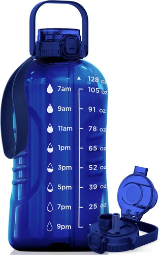 Miniatura 20 de AQUAFIT Botella de agua de 128 onzas con marcador de tiempo, popote 2 en 1 y tapa para beber, botella de agua grande para gimnasio sin BPA