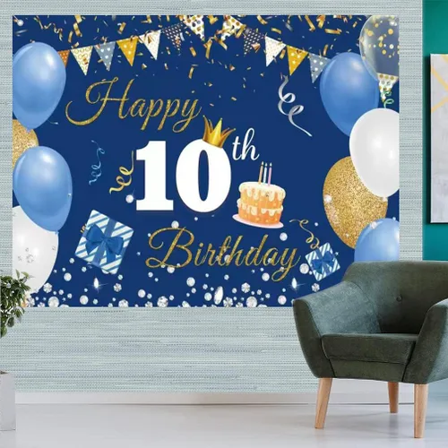 Miniatura 5 de Cartel de tela para decoración de cumpleaños número 10 para niños y niñas, cartel de tela de feliz 10 años, fondo de fotografía azul, suministros