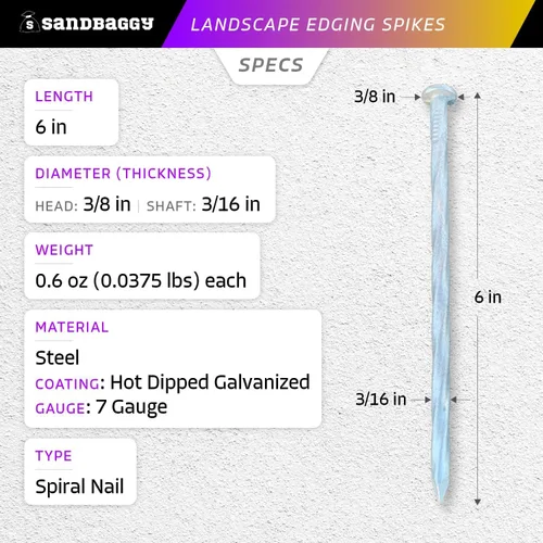 Miniatura 2 de Sandbaggy Estacas galvanizadas de 6 pulgadas para bordes de paisaje, clavos de paisaje en espiral, acero de calibre 7, ideales para suelos rocosos