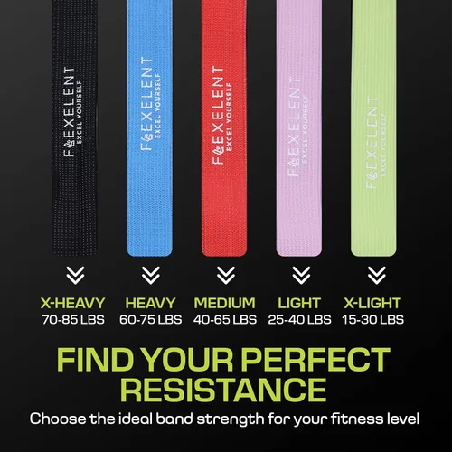 Miniatura 5 de Bandas de resistencia de tela para hacer ejercicio – 5 niveles de fuerza desde extra ligera hasta extra pesada – Bandas de entrenamiento gruesas