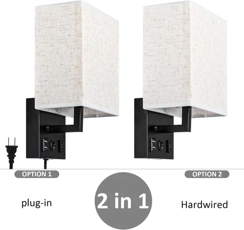 Miniatura 7 de CADUKE Juego de 2 lámparas de pared para mesita de noche, aplique de pared enchufable con puerto de carga USB y salida de CA, lámpara de pared Negro