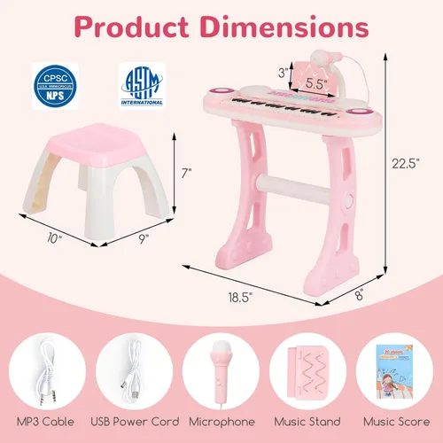 Miniatura 6 de Costzon Piano de teclado de juguete para niños de 37 teclas con patas desmontables, banco, partitura de música, luz flash, canciones MP3 integradas