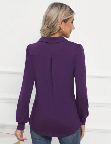 Miniatura 6 de LOMON Camisas tipo polo de manga larga con cuello en V y manga abombada para mujer