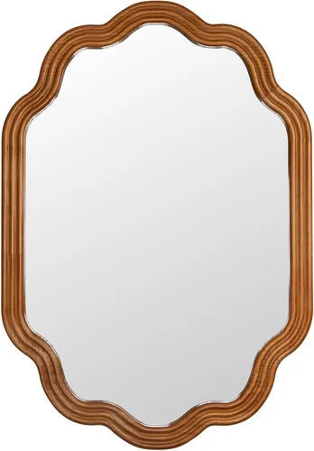 Espejo de arco festoneado de montaje en pared de 24 x 35 pulgadas, marco de madera marrón natural, espejo decorativo vintage de vidrio real para