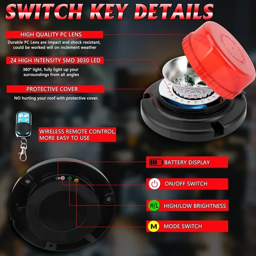 Miniatura 5 de Luz de baliza roja con control remoto, recargable, inalámbrica, luces intermitentes rojas con imán, brillo alto y bajo, 15 modos, mini luz de Rojo