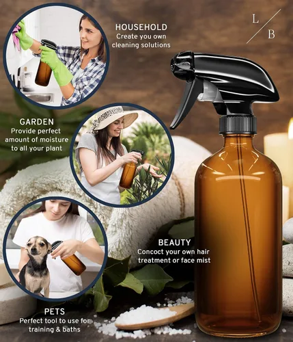 Miniatura 3 de LiBa Paquete de 2 botellas de vidrio ámbar, botella de spray vacía recargable de 16 onzas para limpieza, aceites esenciales, cabello, plantas