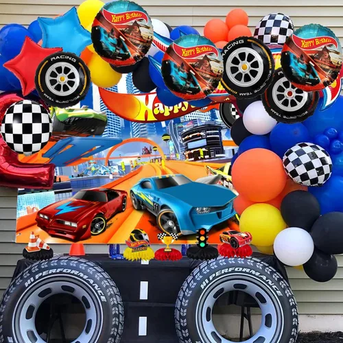 Miniatura 3 de Decoraciones de cumpleaños de autos, suministros de fiesta de cumpleaños de autos de carreras, pancarta de fondo de fiesta de coche de carreras