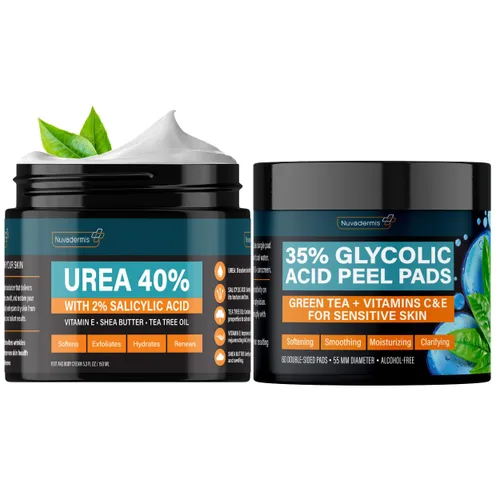 NUVADERMIS Crema de urea y almohadillas de ácido glicólico al 35% - Loción reparadora de pies de urea al 40% - Removedor de callos de piel seca a