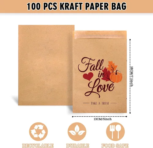 Miniatura 2 de Whaline Paquete de 100 bolsas de dulces para recuerdos de boda de otoño, bolsas de golosinas de calabaza, hojas de arce, autoadhesivas, papel kraft