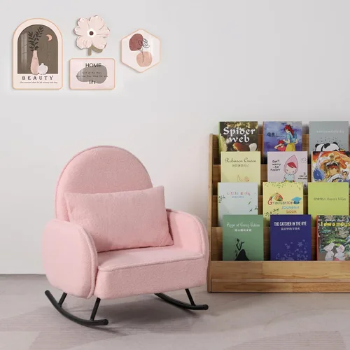 Miniatura 7 de Mecedora para bebé, silla para niños, sofá para niños, pie de metal tembloroso y tela sherpa, sillón mecedor para niños y niñas (rosa)