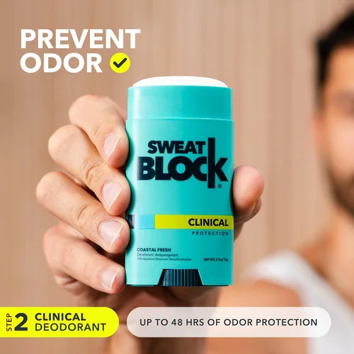 Miniatura 2 de SweatBlock Sistema antitranspirante y desodorante de fuerza clínica para hombres y mujeres, roll-on de 1.2 onzas líquidas para control del sudor más