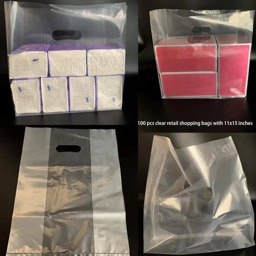 Miniatura 6 de Krodtige 100 bolsas de plástico transparente de 11 x 15 pulgadas con asas troqueladas, 2 mil de grosor, perfectas para venta al por menor, pequeñas