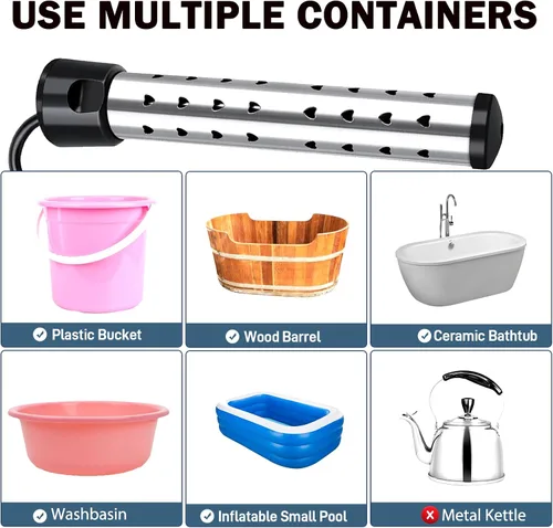 Miniatura 5 de Calentador de inmersión de 2000 W, calentador de agua eléctrico portátil, calentamiento rápido para cubos, bañeras, calentador de agua sumergible
