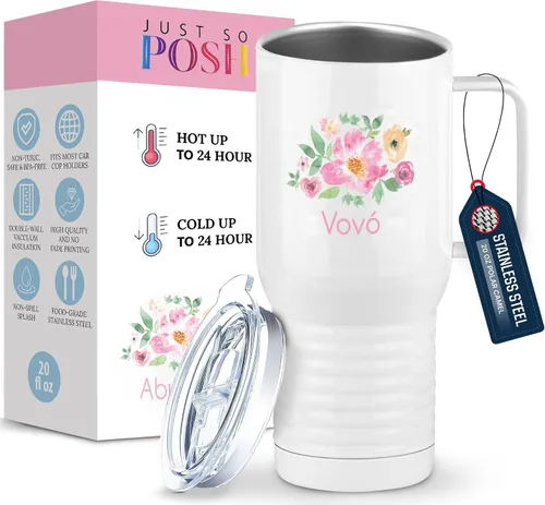 Miniatura 8 de Just So Posh Abuela Flowers Tumbler, Vaso de Café de Viaje con Asa y Tapa Deslizante, Blanco 20 oz Polar Camel, Acero Inoxidable, Aislado al Vacío