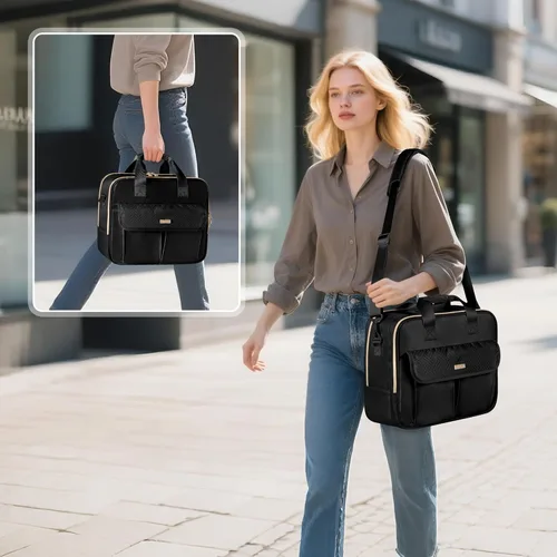 Miniatura 2 de Bolso para profesora con organizador de archivos de acordeón, maletín para laptop de 39.6 cm para mujeres, profesora, tutora, enfermera y Negro