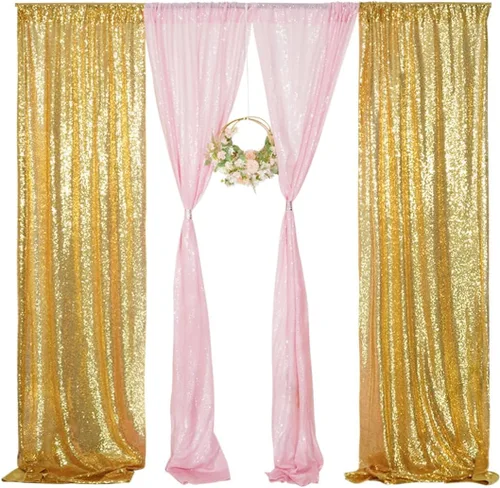 Miniatura 2 de 4 paneles de cortina de lentejuelas doradas y rosas de 2 x 8 pies, cortinas de fondo de lentejuelas con purpurina para decoración de fiesta