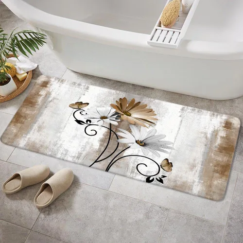 Miniatura 14 de Alfombra de Baño Rústica de Granja, Alfombra de Baño de Madera de Campo con Flores de Margaritas Moradas, Mariposas y Estilo Campestre, Alfombra
