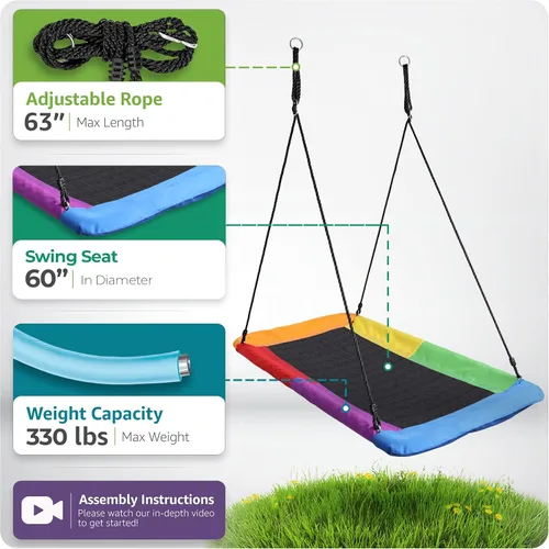 Miniatura 3 de Sorbus Columpio de platillo de 60 pulgadas para niños, plataforma grande de 700 libras, cuerda ajustable y asiento duradero, red de trampolín