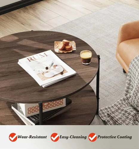 Miniatura 5 de WLIVE - Mesa de café redonda para sala de estar, mesa pequeña de 32.6 pulgadas con estante de almacenamiento abierto, mesa central de madera Nogal