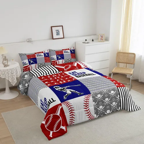 Miniatura 2 de Erosebridal Eat Sleep - Juego de edredón de béisbol para niños y jóvenes, tamaño King, suave para todas las estaciones, edredón de retazos de juego