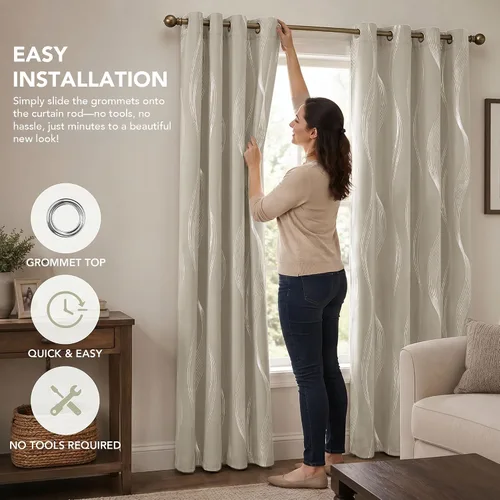 Miniatura 9 de Deconovo Beige Blackout Curtains 42" W x 45" L - Silver Wave Foil Print Thermal Insulated Grommet Curtain Panels for Bedroom, Set of 2 (6 Grommets)