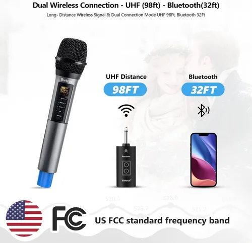 Miniatura 2 de Bietrun - Micrófonos inalámbricos con eco, agudos, graves y Bluetooth, rango de 160 pies, sistema de micrófono dinámico de mano UHF portátil