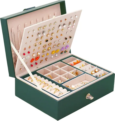 Miniatura 118 de Joyero de pendientes para mujeres y niñas, organizador de aretes de 5 capas, caja organizadora de joyas blanca con candado, collares y aretes