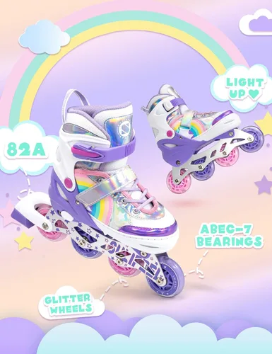 Miniatura 4 de SULIFEEL Patines en línea de unicornio arcoíris para niñas y niños, 4 tamaños, ajustables, con ruedas iluminadas, para niños principiantes b púrpura