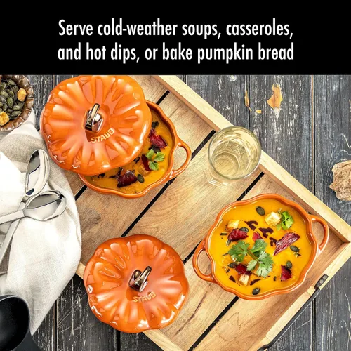 Miniatura 3 de STAUB Pequeña cerámica de 0.5 cuartos de galón, apta para horno y estufa hasta 572 °F, plato de calabaza, hornear, plato de caramelo, naranja quemado