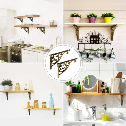 Miniatura 6 de Soportes de estante de 8 pulgadas, paquete de 4 soportes de pared de latón antiguo de alta resistencia, estantes decorativos de cocina victoriana