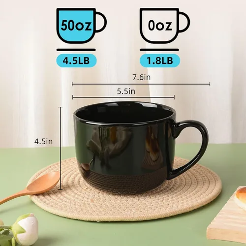 Miniatura 2 de 50oz gran taza de sopa de cerámica con asas para café, té, helado, cereal (negro)