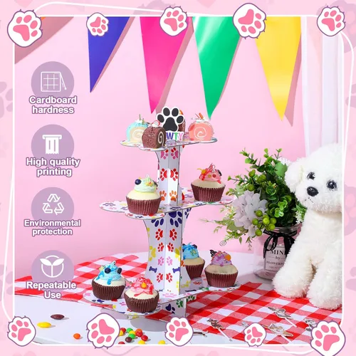Miniatura 5 de Bokon Soporte de 3 niveles para cupcakes de perro y 24 piezas de decoración para cupcakes para perros, suministros de fiesta de cumpleaños