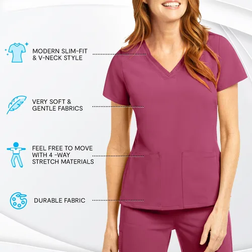 Miniatura 4 de Olive & Co. Camisas médicas para mujer, color rojo vino, moderno, ajustado, con cuello en V