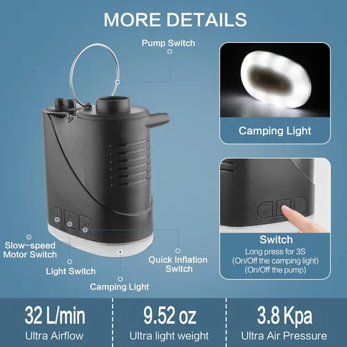 Miniatura 6 de XINBAOHONG Mini aire portátil camping luz pequeña inflador/bomba deflator con batería de 2000 mAh USB recargable para flotadores de piscina, cama
