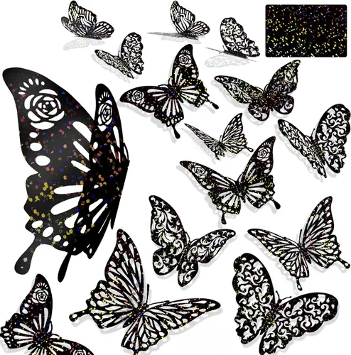 Miniatura 8 de 60 calcomanías de pared de mariposa plateada iridiscente 3D, calcomanías holográficas con 5 estilos murales de papel decorativo para guardería, aula