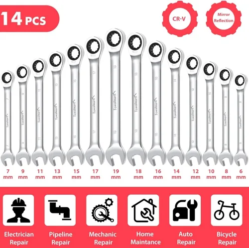 Miniatura 3 de Towallmark Juego de llaves de trinquete de 14 piezas, juego de llaves métricas de cabeza fija, métricas de 0.236-0.748 in, juego de llaves