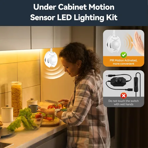 Miniatura 4 de Tira de luces LED COB con sensor de movimiento para debajo de la cama, 2 tiras de luz LED blanca cálida activada por movimiento para mesita