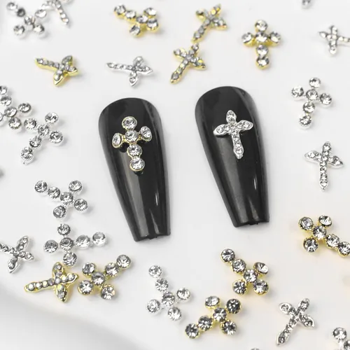 Miniatura 5 de 40 dijes de cruz 3D para uñas, dijes de cruz dorada y plateada para uñas, dijes de cruz con diamantes de imitación transparentes 3D, accesorios