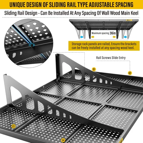 Miniatura 3 de Paquete de 4 estantes de pared de metal ajustables de 2 x 3 pies, estantes de almacenamiento de garaje resistentes montados en la pared, color negro