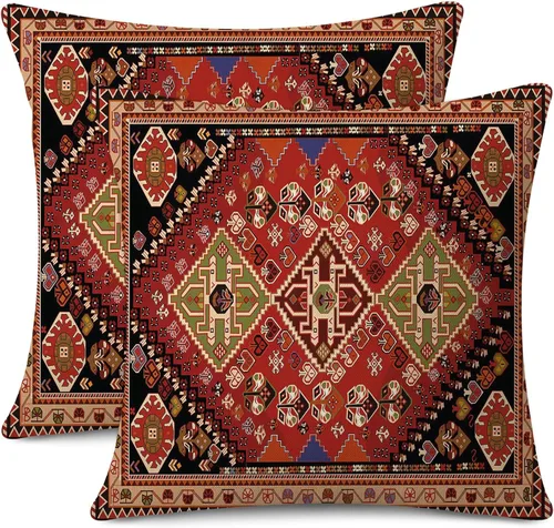 Miniatura 9 de Juego de 2 fundas de almohada impermeables para exteriores de 16 x 16 pulgadas, patrón de alfombra bohemio vintage, diseño étnico negro y gris