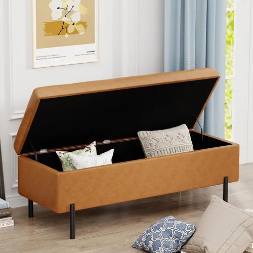 Miniatura 4 de Banco otomano con almacenamiento, banco de almacenamiento tapizado copetudo para dormitorio, sala de estar, piel sintética, largo, otomano, marrón