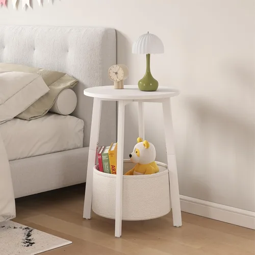 Miniatura 6 de sthmec Mesa auxiliar pequeña redonda con cesta de almacenamiento de tela, mesa de centro redonda con marco de metal para sofás de cama, mesas