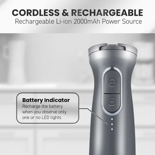 Miniatura 8 de Elite Gourmet EHB1324 Batidora de mano inalámbrica, recargable, mezcla variable de 5 velocidades, botón de encendido de un solo toque y bloqueo