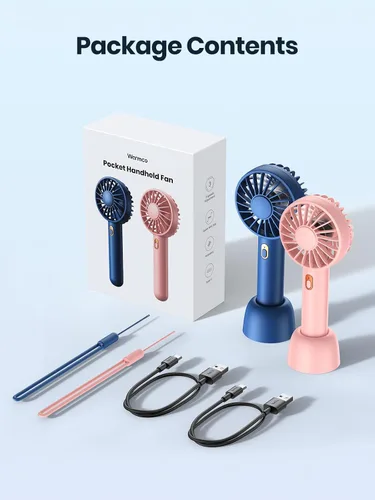 Miniatura 13 de Warmco Mini ventilador portátil paquete de 2 – Ventilador de mano y escritorio recargable de 3 velocidades con base, refrigeración compacta