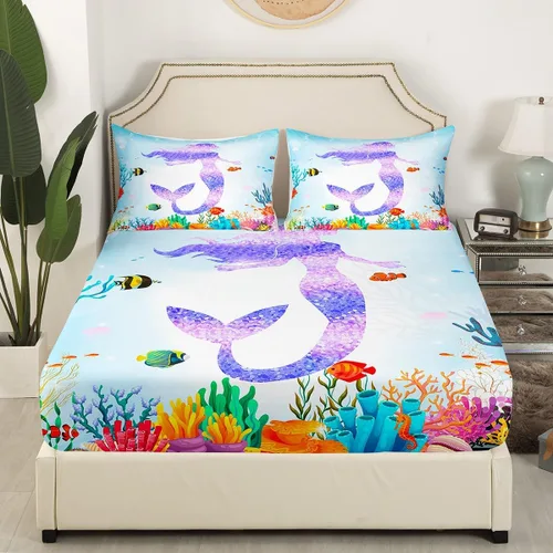 Miniatura 3 de Erosebridal Juego de sábanas de cola de sirena, tamaño individual para niños pequeños, sábana bajera ajustable de animales marinos náuticos